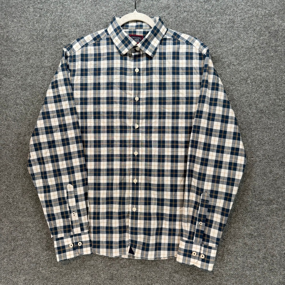 Untuckit Button Down Shirt Men Medium Blue Tan Plaid Wrinkle Free Casual Classic